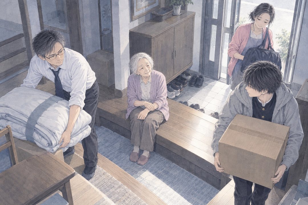 義母の小さな一戸建ての玄関の上がり口。左で夫が布団の包みを下ろし、右で学ランの上にパーカーの息子が段ボールを抱える。真ん中の上がり框に、ギプスの取れた手首を押さえて座る小柄な義母。奥の戸口に、ボストンバッグを持った女性。曇りの白い光。