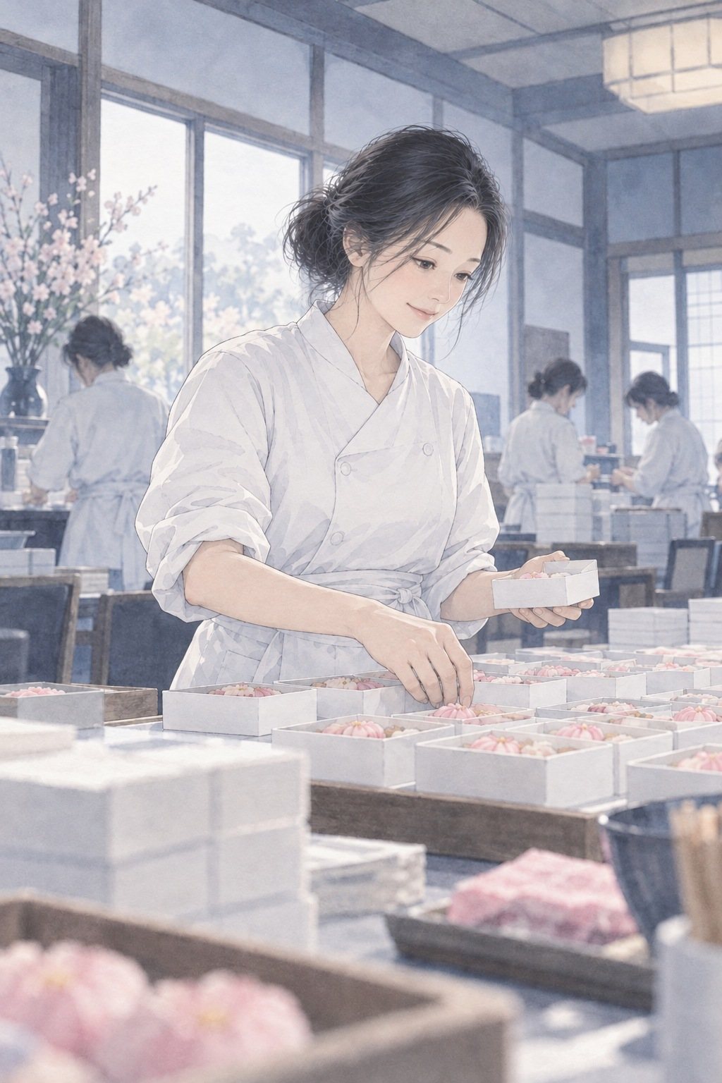 色あせた色の回想の絵。22年前の菓子工房の長机に、桜の形の小さな菓子を詰めた白い箱が並ぶ。白い調理服の若い女性が箱に菓子を詰めている。奥にも白い調理服の人たち。