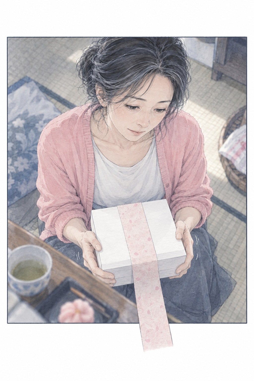 今の義母の家の畳の上。同じ白い箱を両手で持つ48歳の女性。色の抜けた紙の帯が下へ垂れる。