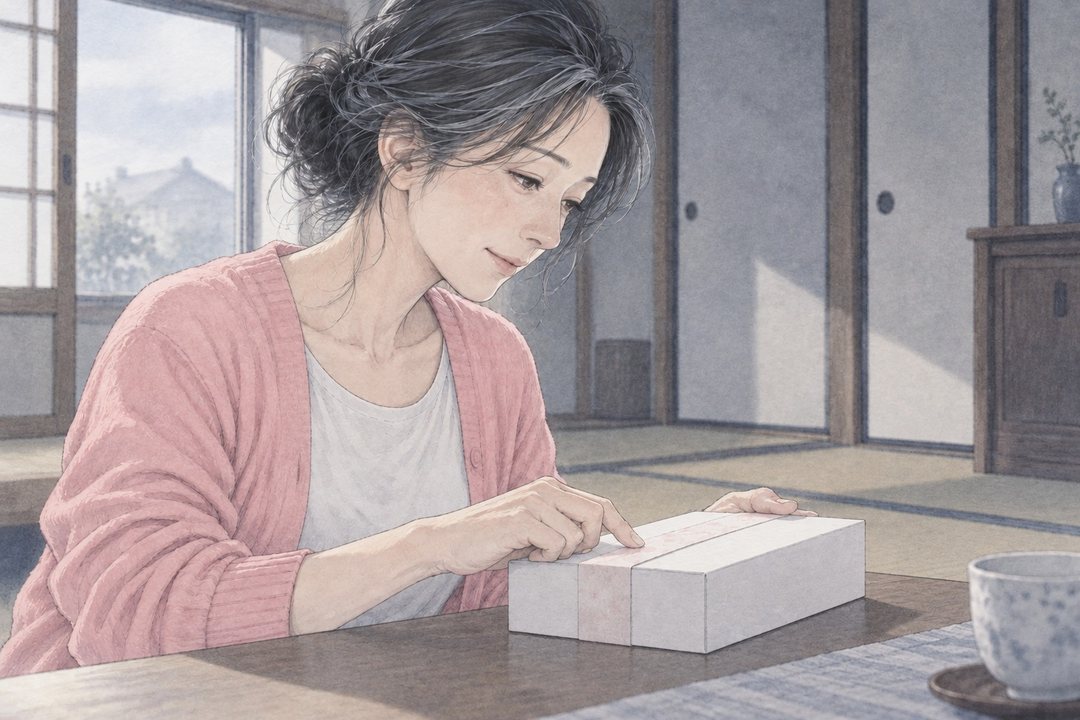 女性の横顔。机の上の白い箱の紙の帯を指でなぞり、少しはにかむ。白い光が頬に当たる。