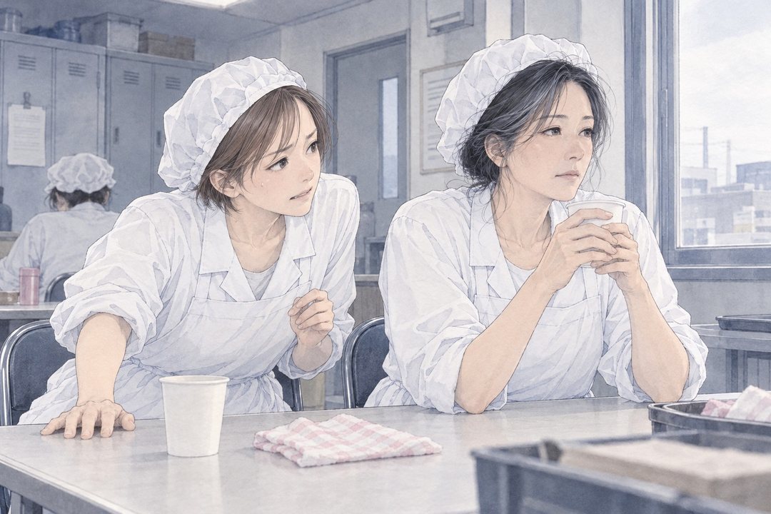 スーパーの惣菜の休憩室。左の同僚がパイプ椅子から身を乗り出し、右の女性は紙コップを両手で持ったまま、ぼんやり窓の外を見ている。白い蛍光灯。