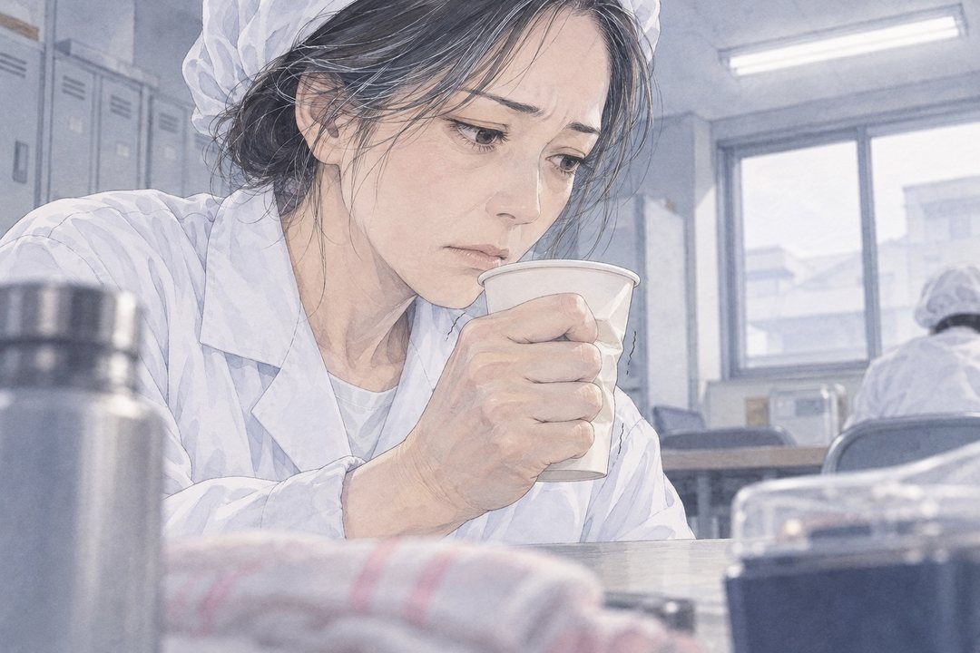 寄り。口元で紙コップを持つ女性の手が、知らないうちに強く握られ、カップが少しへこむ。