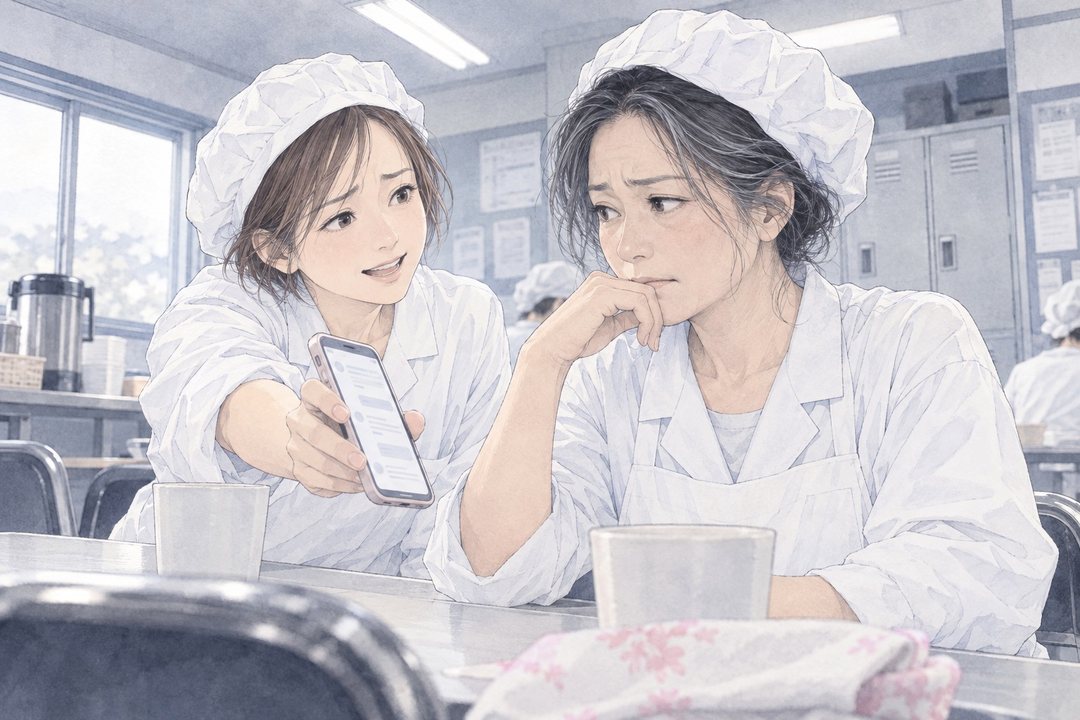 同僚が自分のスマホの画面を女性に向けて話しかける。女性はほおに手を当て、眉を寄せて画面を見る。画面の字は読めない。