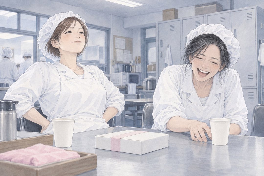 女性が紙コップに手を添えて、思わず吹き出す。同僚は得意げに胸を張る。机の上に白い箱。休憩室の白い蛍光灯。