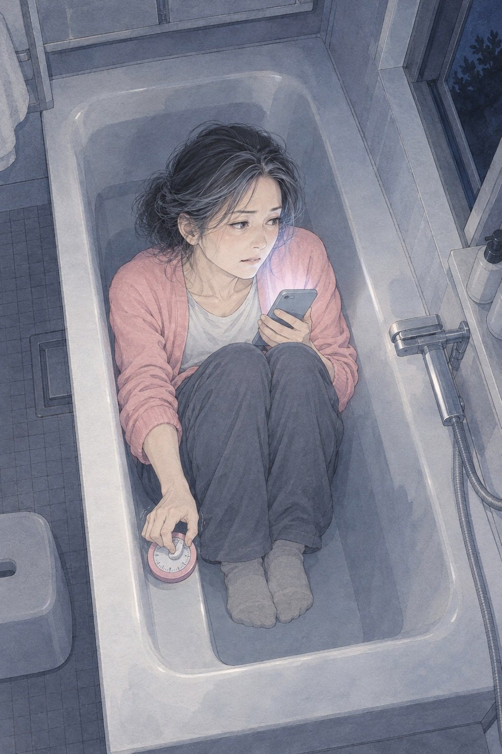 夜の風呂場を真上から。服を着たまま空の浴槽の中でひざを抱え、台所のタイマーを2分に合わせる女性。片手にスマホ。