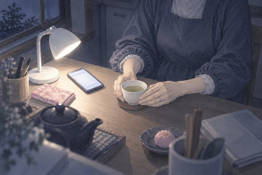 どこかの小さな台所の机。顔は見えない。しわのある細い手が、白い湯のみを机に置く。銀の細い指輪、藍色の割烹着の袖、小さな白いランプの灯。机の上のスマホは通話中の光。