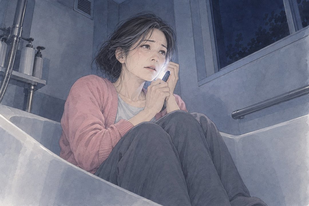 浴槽の中の女性を少し下から。スマホを両手で耳に押し当て、目に涙がたまり、口が小さく開く。スマホの白い光。