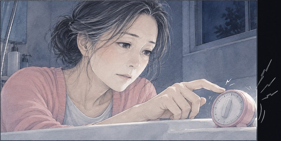 寄り。浴槽のふちで、台所のタイマーが小さく震える。そこへ伸びる女性の指。震えの線が枠の外へ走る。