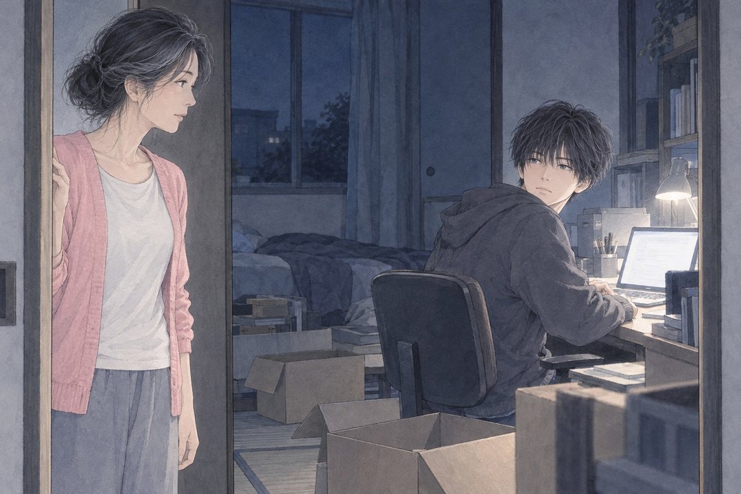 夜の息子の部屋の戸口から。机の上のノートパソコンの白い光、床に組み立てかけの段ボール。椅子に座ったまま振り返る息子。戸口に女性。
