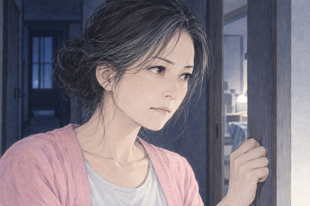 女性の顔の寄り。戸口の柱に手をかけ、唇を結んで部屋の中を見る。廊下の暗がり。