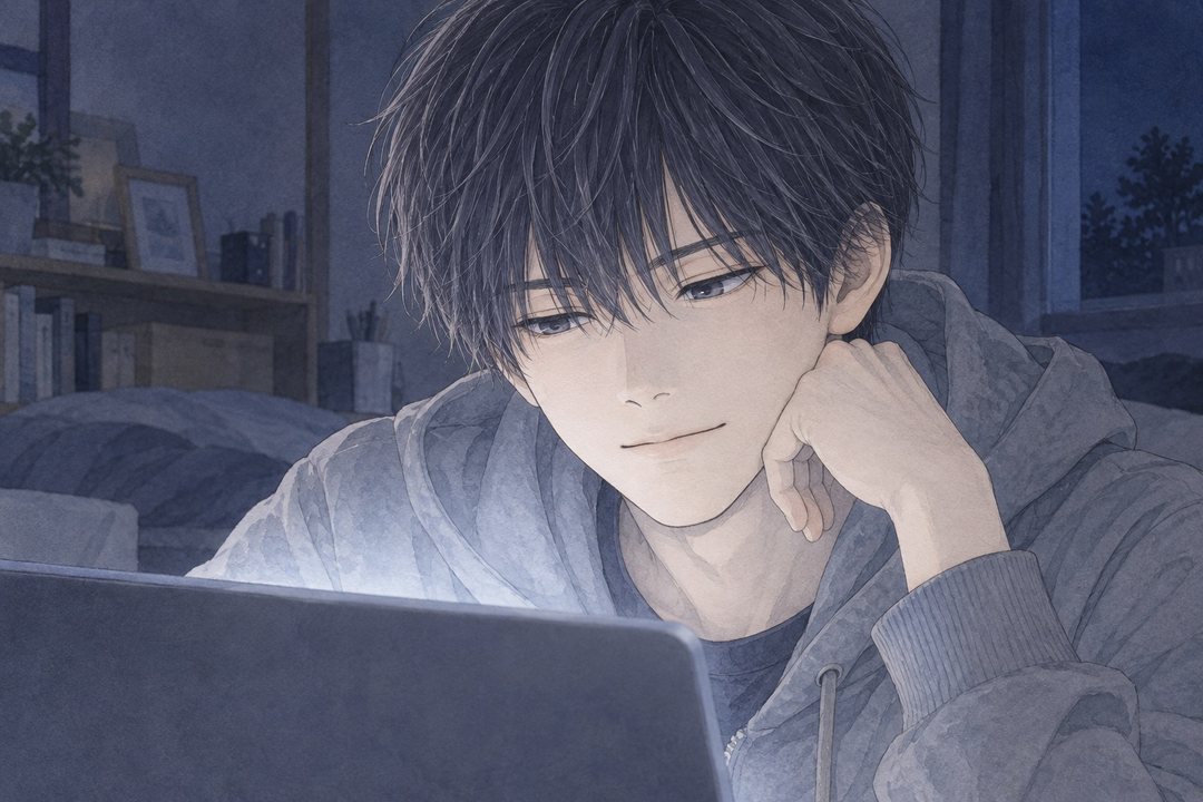 息子の顔の寄り。ほおづえをつき、目を伏せて、照れくさそうに口の端を上げる。パソコンの白い光が下から。