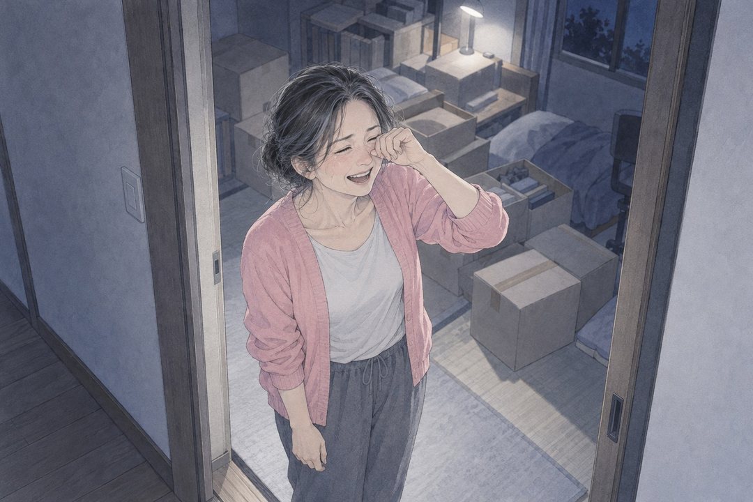 女性が笑いながら泣き、手の甲で目をこする。後ろに、段ボールの並ぶ息子の部屋。