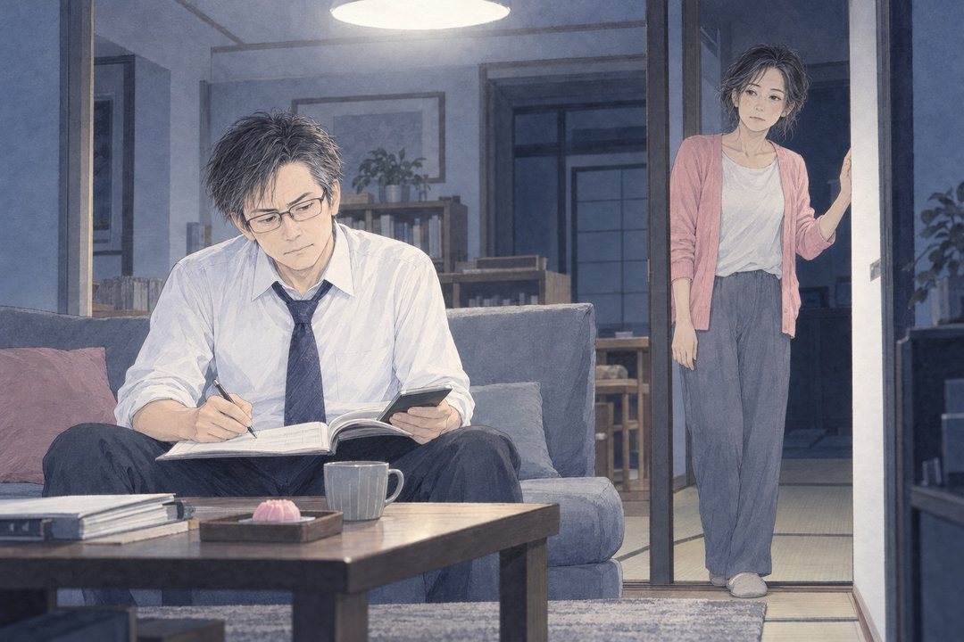 夜の居間。ソファの夫が、膝に広げた家計のノートに書き込んでいる。戸口の女性が足を止める。白い天井の灯り。
