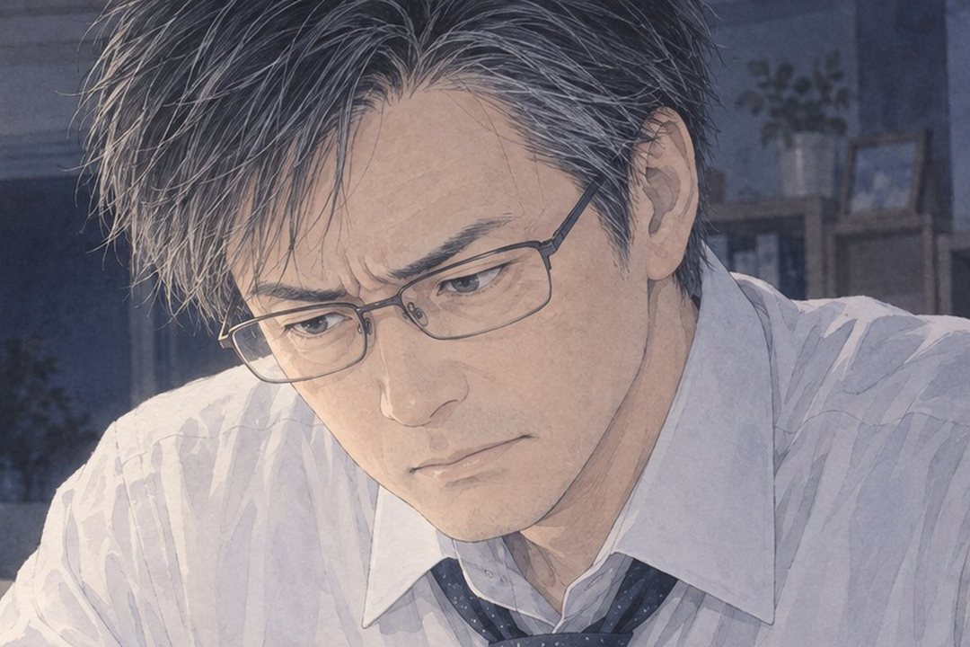 夫の顔の寄り。手元から目を上げずに、眼鏡の奥で目を細める。