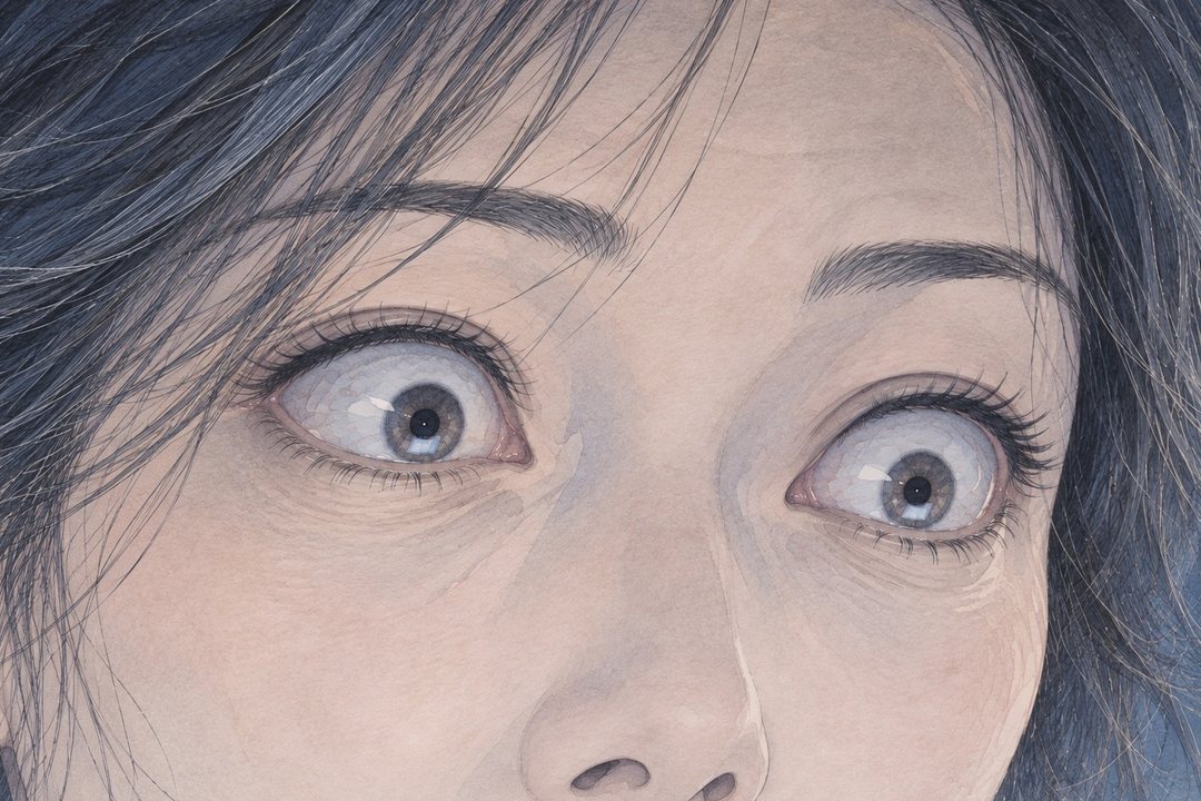 女性の目の寄り。目を見開いたまま、まばたきを止める。