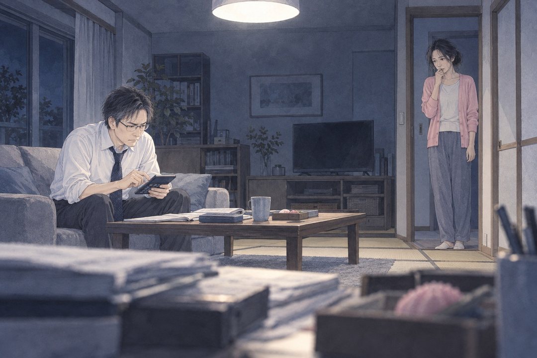 居間の全景を引きで。ソファに座り電卓をたたく夫と、戸口に立ったままの女性。2人の間に低いテーブル。白い天井の灯り。