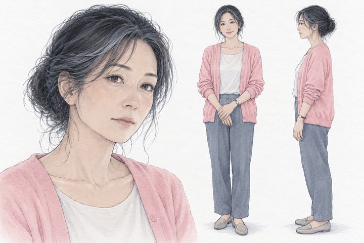 「家族が寝たら、電話します。」の三森 文香の設定画（全身と顔）