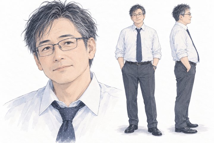 「家族が寝たら、電話します。」の三森 孝一の設定画(全身と顔)