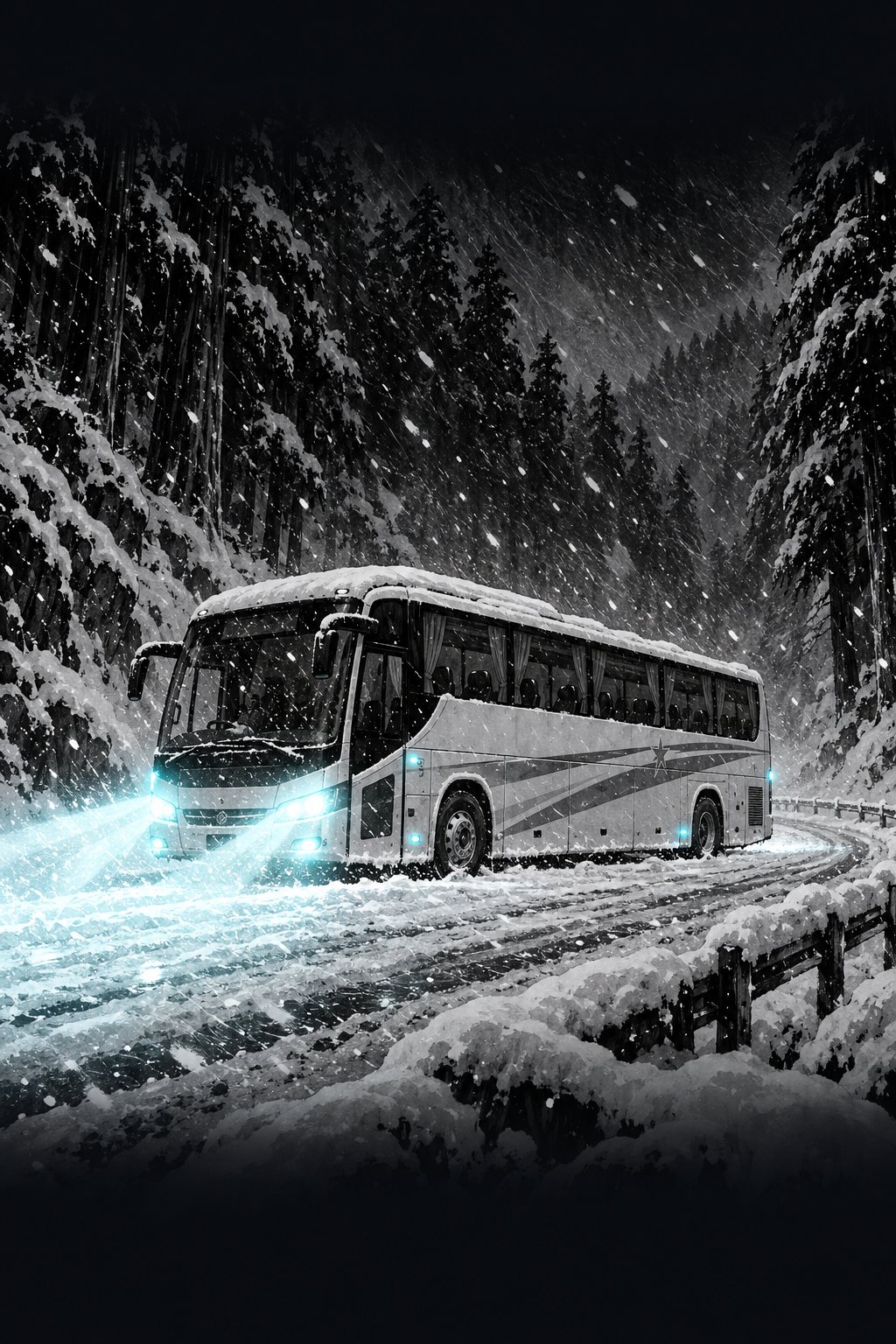 吹雪の夜の山道。一台の大きなバスが、前の明かりだけを灯して止まっている。まわりは雪と暗闇だけ。