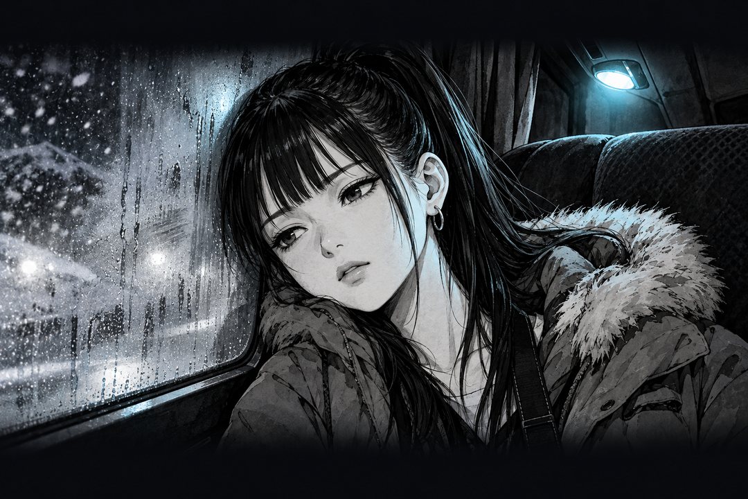 夜行バスの座席で目を覚ます若い女性。頭の上の小さな明かりが、寝ぼけた顔を橙色に照らす。窓は白く曇っている。