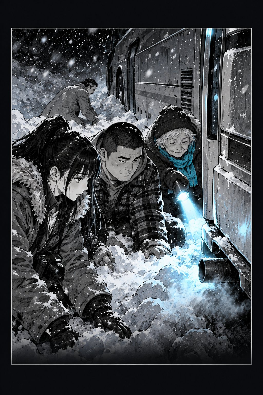 雪の下から黒い排気の管が出て、白い煙が流れ出す。老婦人がうなずく。奥では、らくだ色のコートの男が一人、後ろの車輪のそばの雪の山にしゃがみこんでいる。
