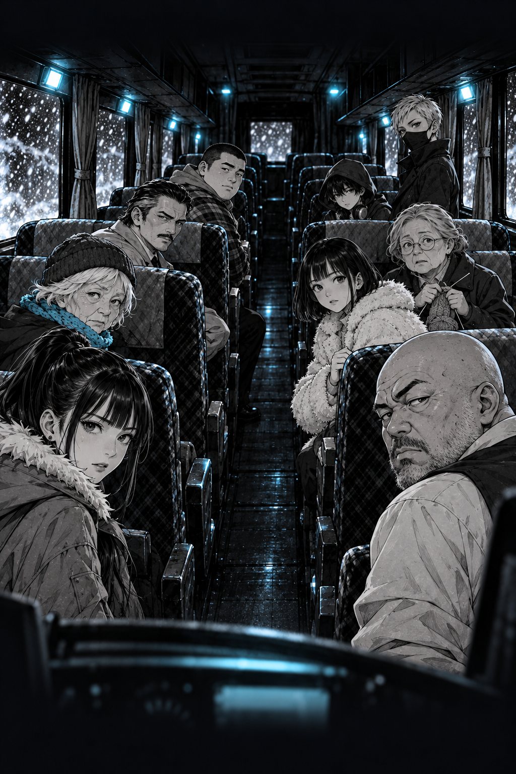 運転席の側から見た車内。乗客たちと交替の運転手が、それぞれ疑うような目でこちらを見ている。