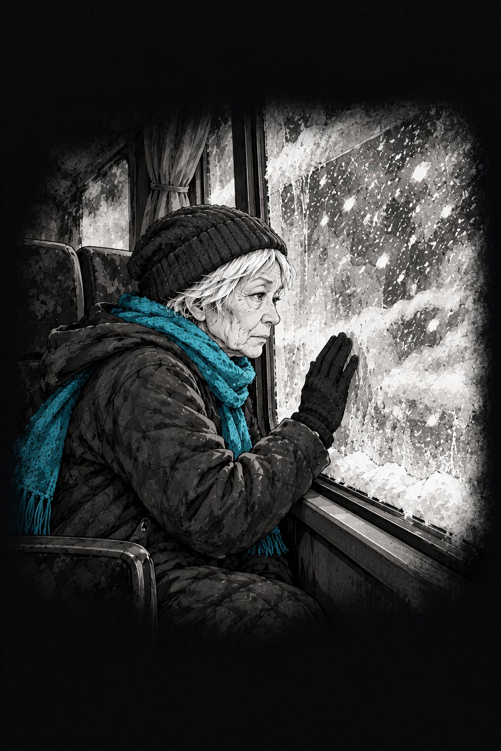 老婦人が、雪で白く埋まった窓の外をにらむ横顔。手袋の手を窓ガラスに当てている。
