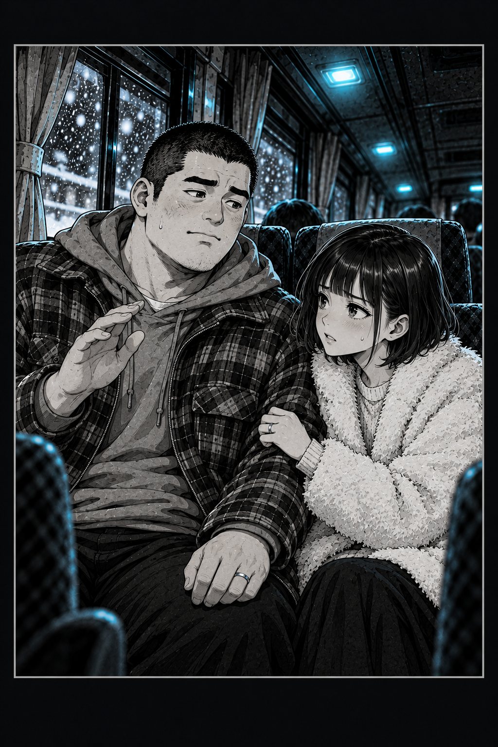 並んで座る若い夫婦。坊主頭の青年が、おずおずと片手を挙げる。隣のボブの女性が袖を引いて止めようとする。
