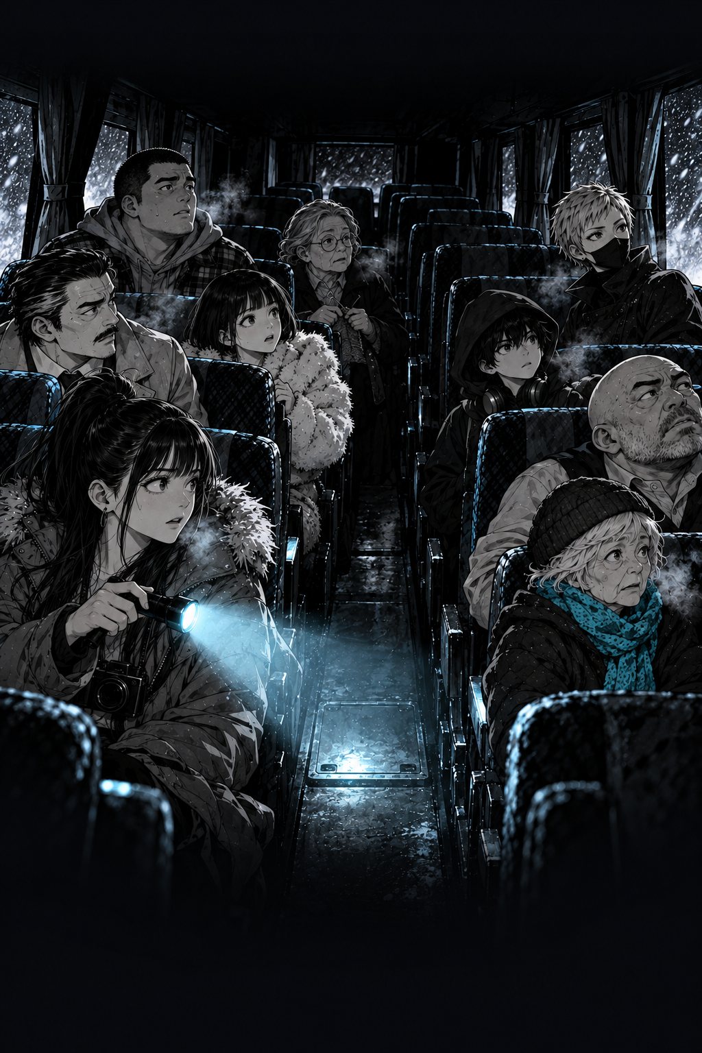 真っ暗な車内。懐中電灯の冷たい水色の光がひとつだけ、白い息を吐く乗客たちの顔をなでていく。