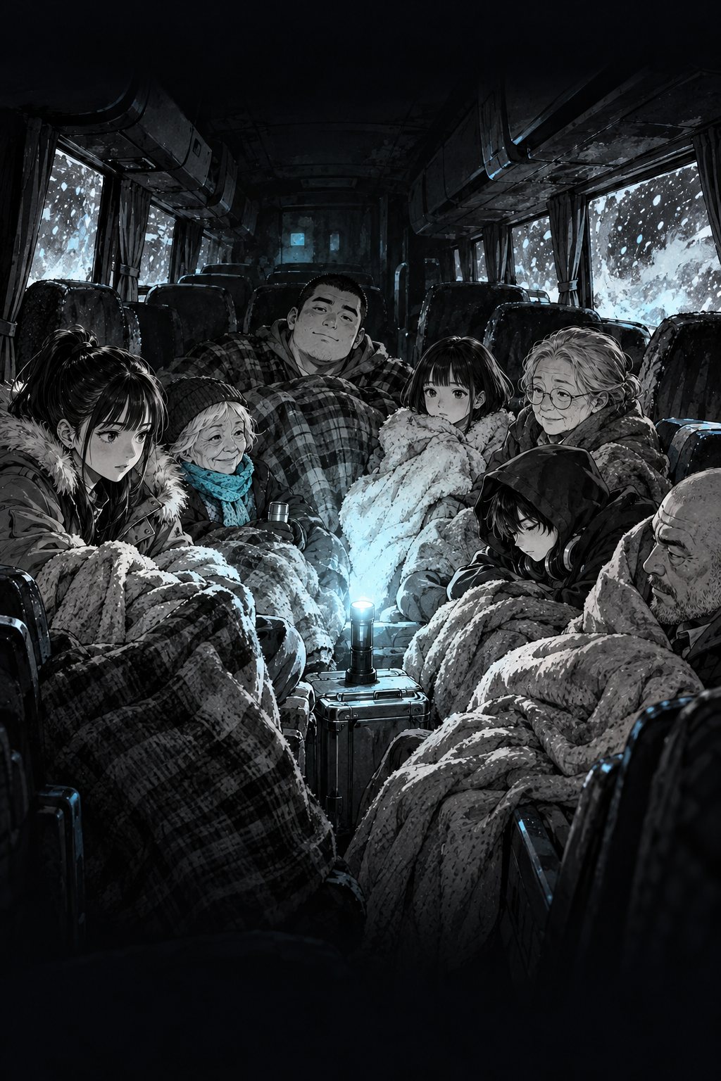 前の方の座席に、乗客たちが毛布と上着を分け合って身を寄せ合う。床から足を上げ、懐中電灯を一本、天井に向けて立て、車内をぼんやり照らしている。