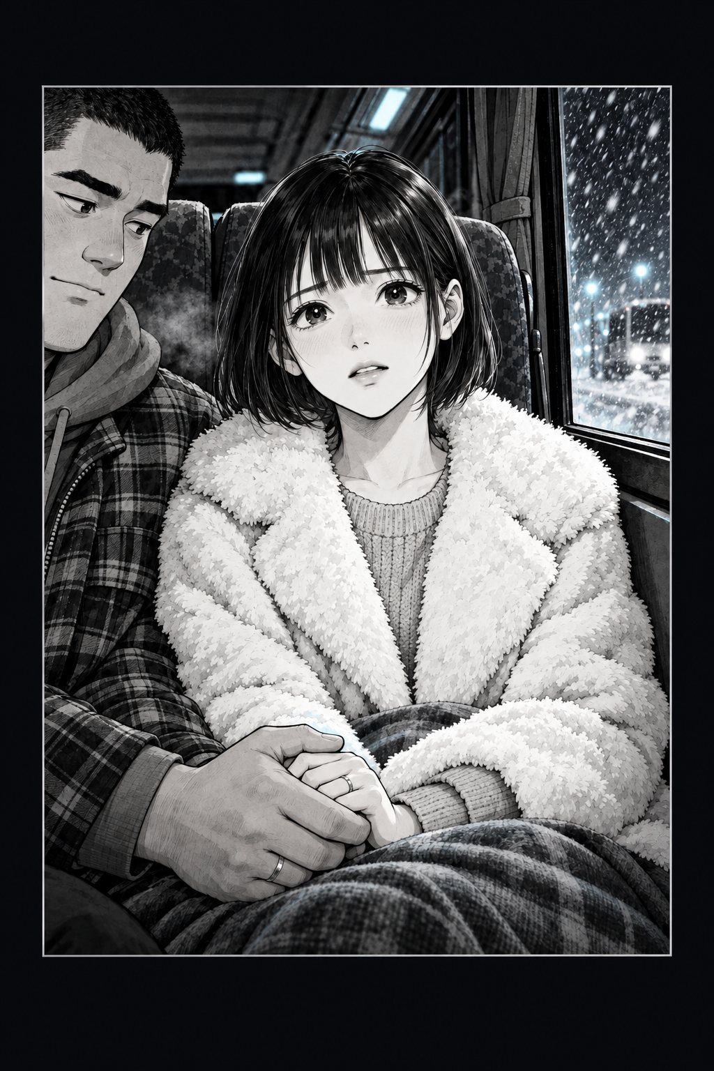 毛布にくるまったボブの女性が、初めて顔を上げて皆を見る。隣の大柄な坊主頭の青年が、その手をにぎっている。