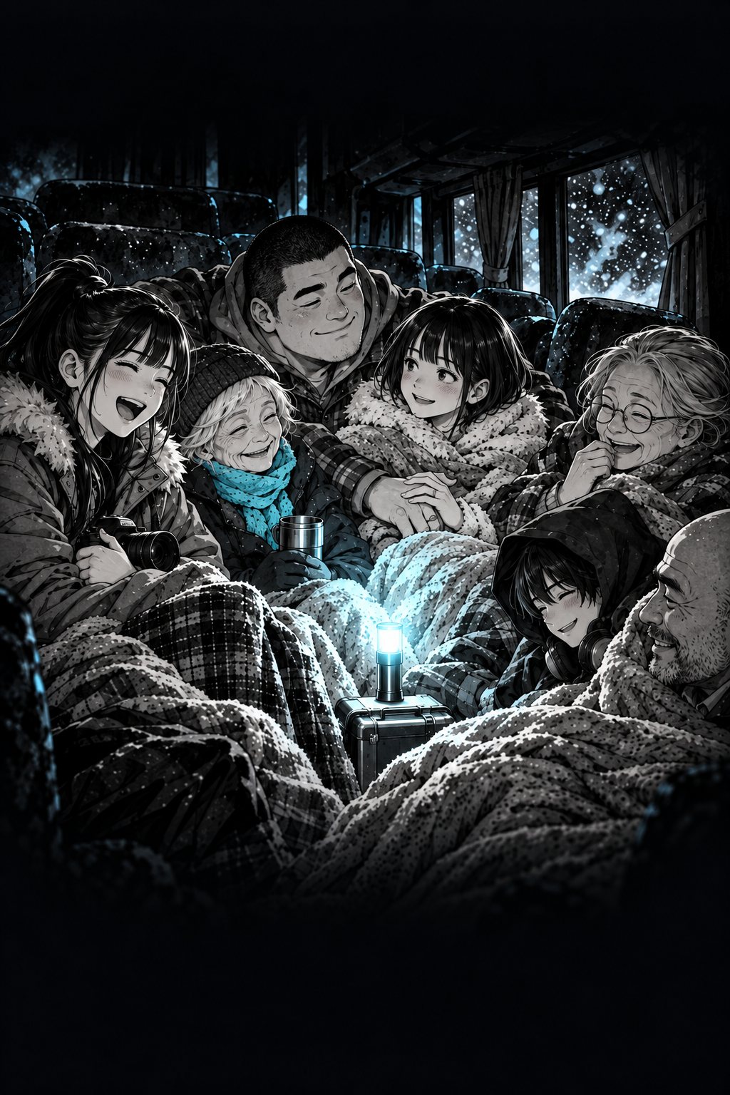 毛布の山の中で、看護師が肩を揺らして笑い、老婦人がにやりとし、カメラを抱えた若い女も思わず吹き出す。