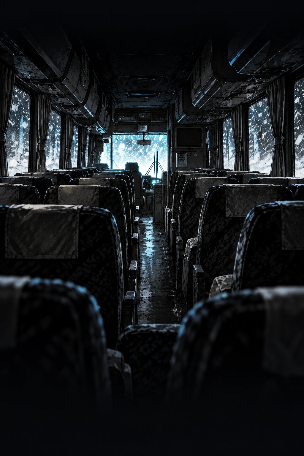少年の席から見た、暗い車内の奥。誰もいない運転席が、ずっと前に小さく見える。