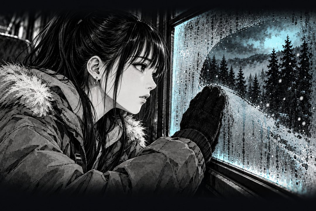 曇った窓を手袋でぬぐう、ポニーテールの若い女の横顔。窓の外の雪は細くなり、木々の影が見えはじめている。