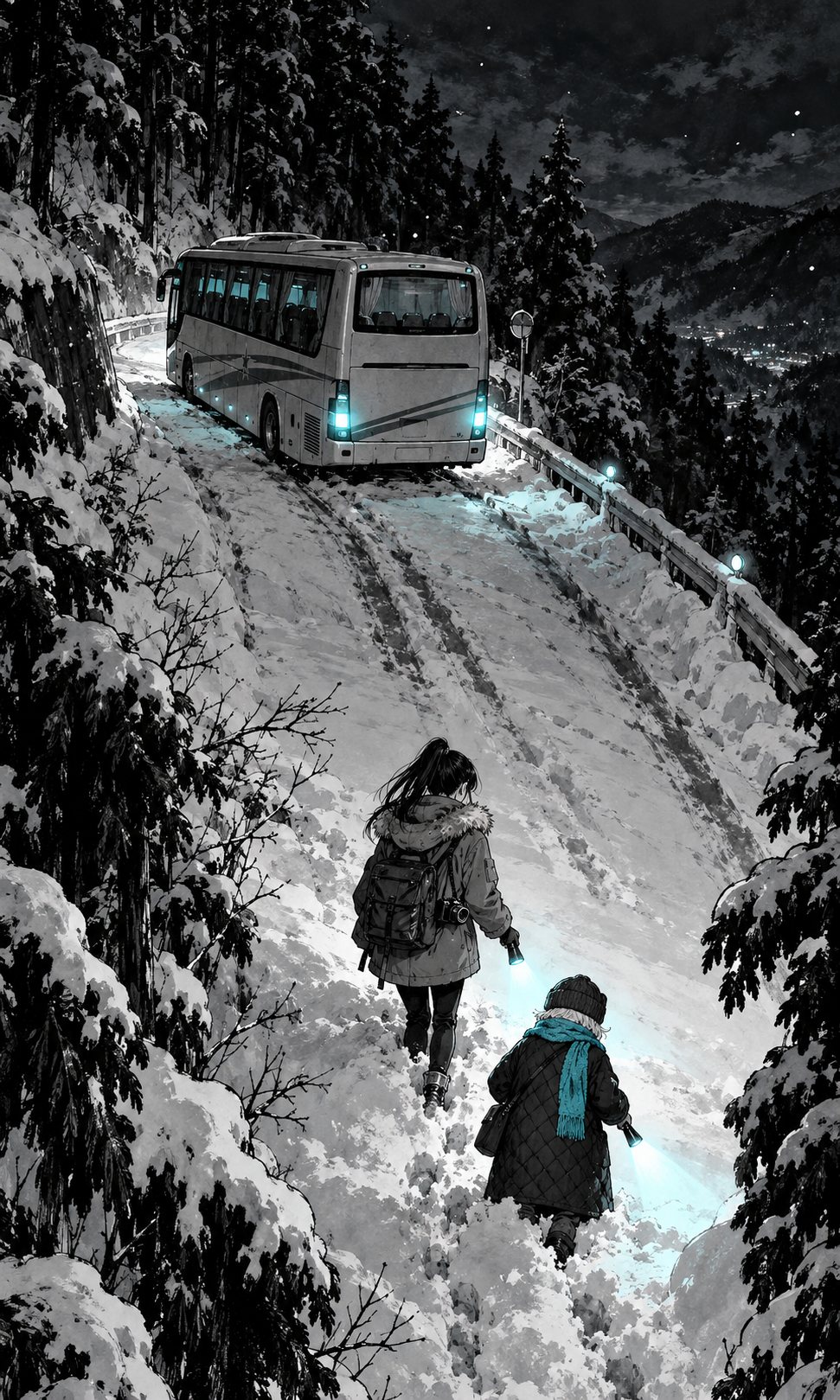 雪の中に止まった夜行バス。ハザードの冷たい水色の光が、静かに点滅している。
