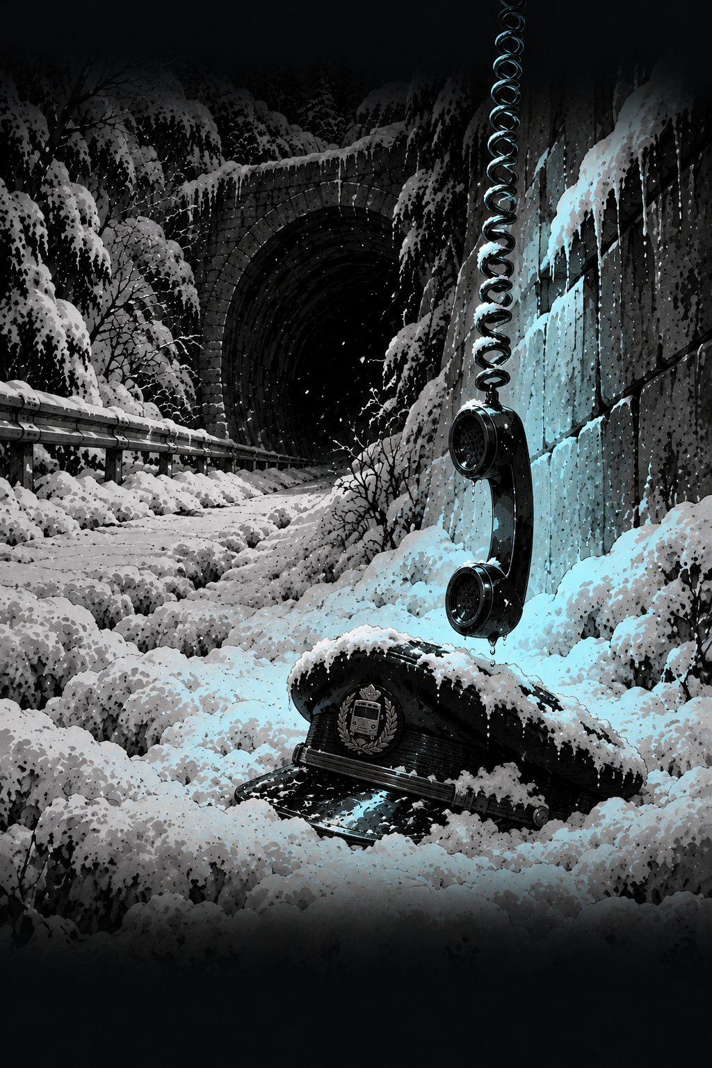 垂れたコードの先の、雪の上。運転手の制帽がひとつだけ、半分雪に埋もれて落ちている。まわりに足跡は無い。