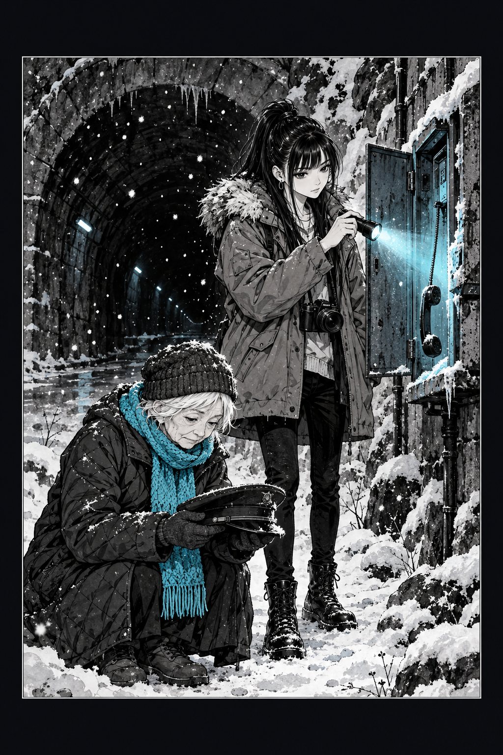 雪の中、制帽を両手で拾い上げる小柄な老婦人。その横でポニーテールの若い女が、ぶら下がる受話器に懐中電灯の冷たい水色の光を当てている。