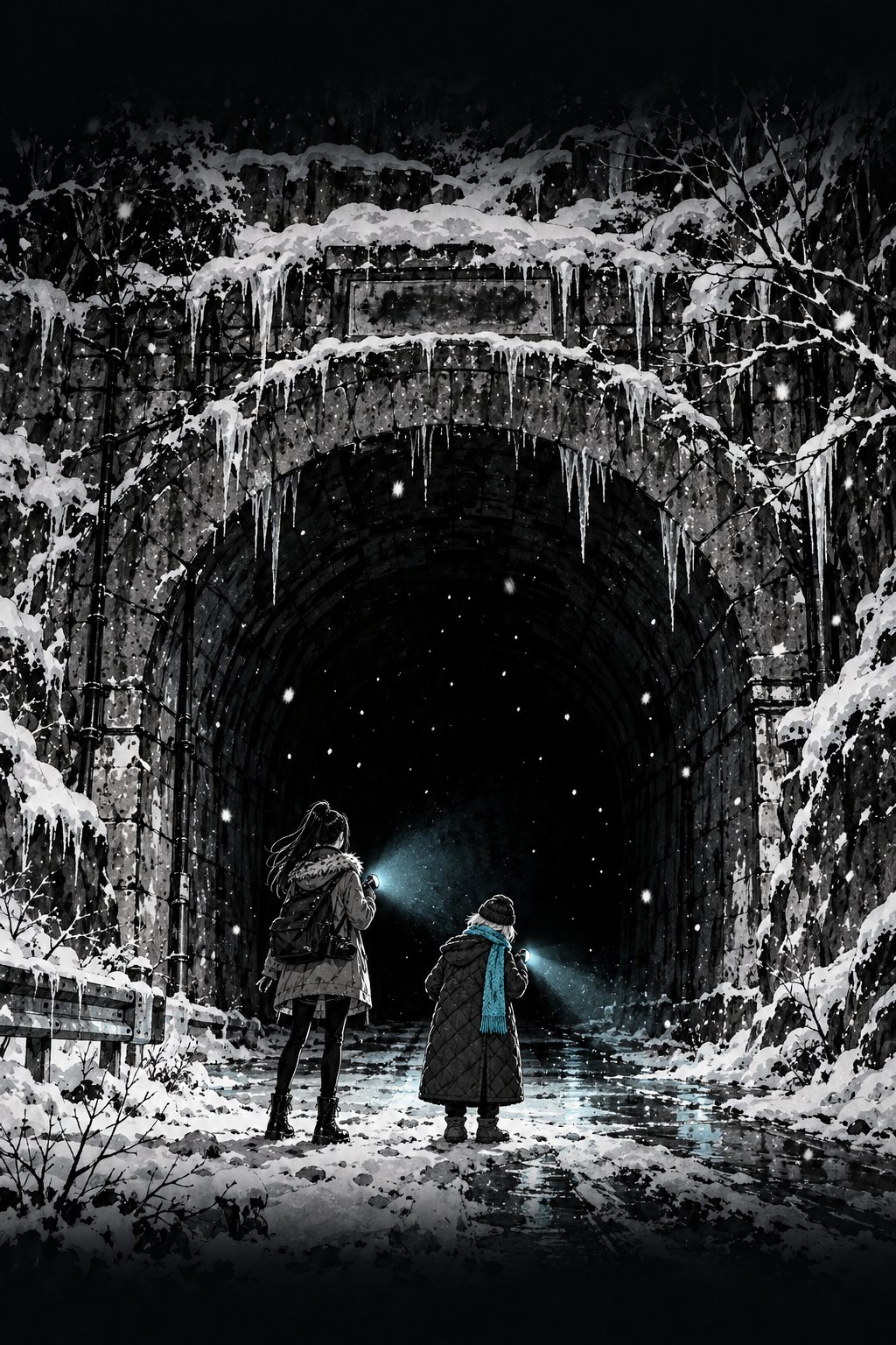古い石積みのトンネルの入口。上からつららが下がり、中は真っ黒な闇。入口の前に立つ、小さな二人の影。