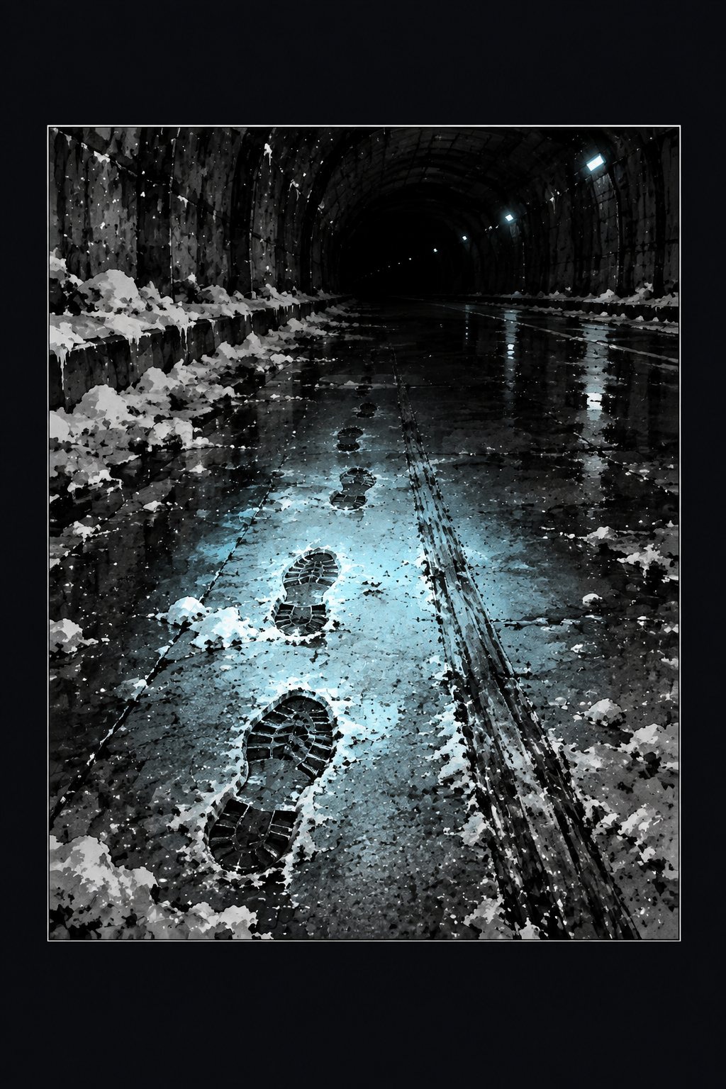 懐中電灯に照らされた、トンネルの濡れた路面。奥へ向かう一人分の足跡と、片足を引きずったような長い跡。「カシャ」の描き文字。