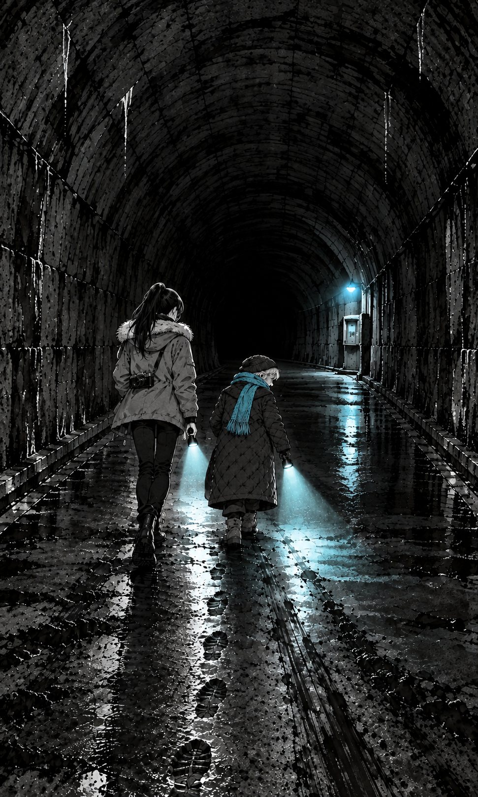 真っ暗なトンネルの中を、懐中電灯を持った小さな二人が奥へ進む。濡れた路面に、足跡の続き。