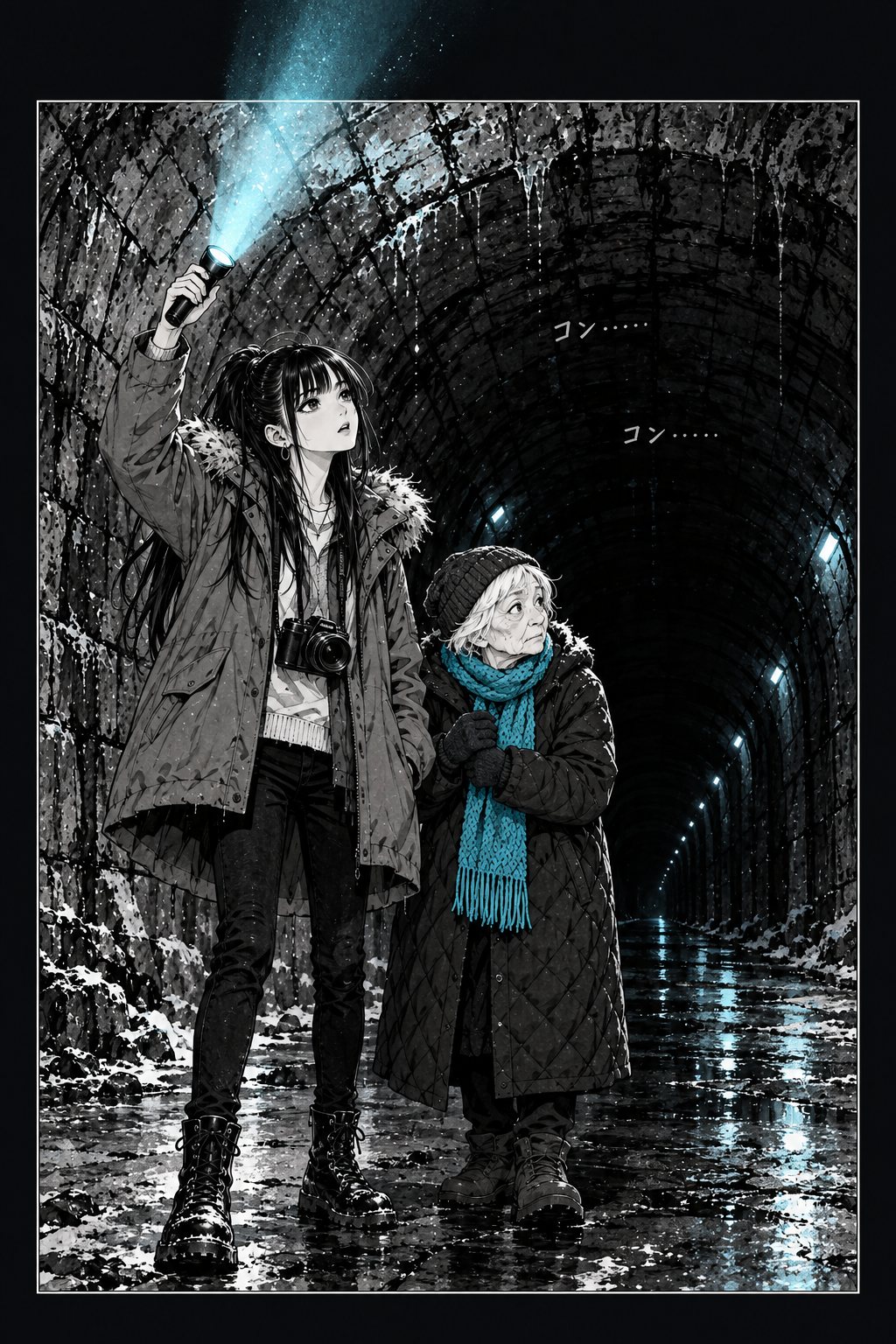 暗闇の中で、ポニーテールの若い女が懐中電灯を天井へ向ける。冷たい水色の光の筋が、絵の上の枠を突き抜けて黒い地へ伸びる。「コン……コン……」の描き文字。