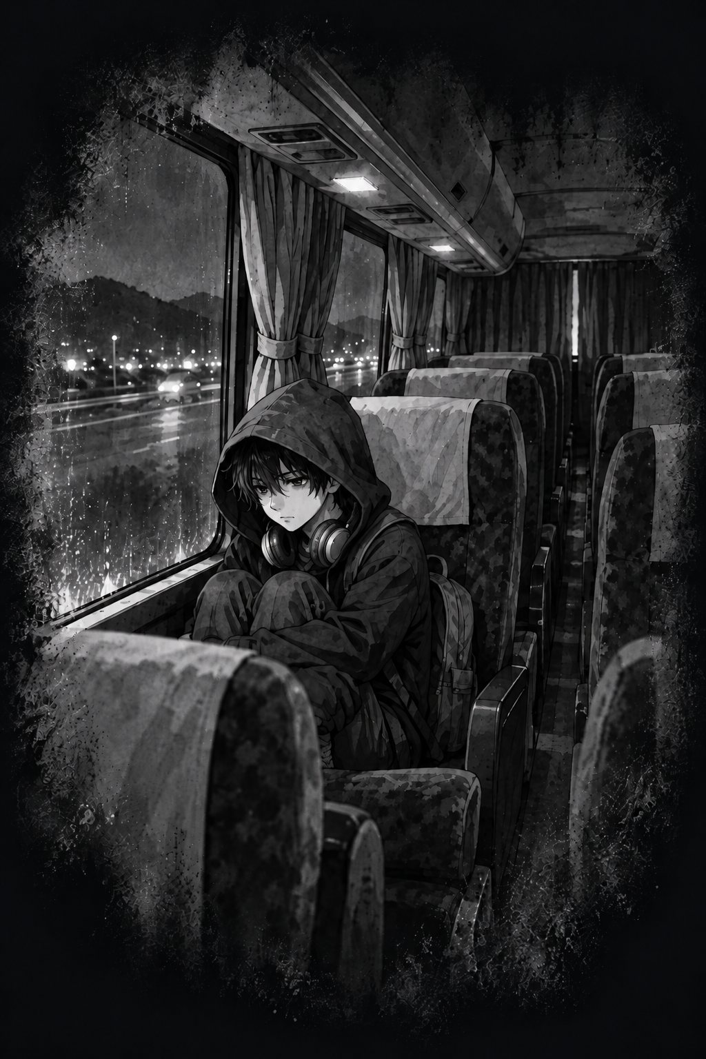 回想。暗い車内の9Aの席で、フードをかぶりヘッドホンを首にかけた少年が、膝を抱えて座っている。