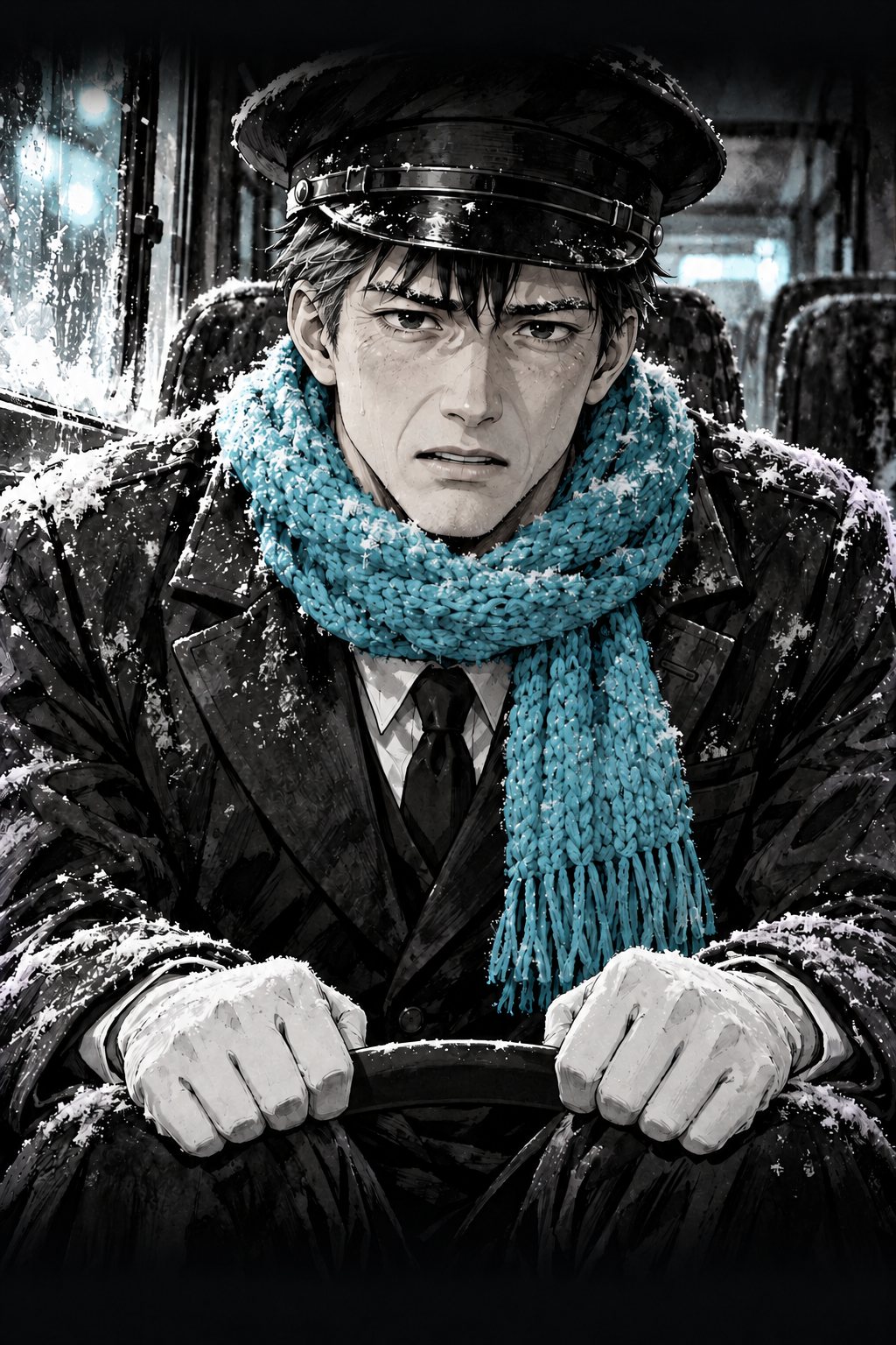 運転手が白い手袋の手を握りしめ、まっすぐ前を見て言葉をしぼり出す。霜の付いた眉。