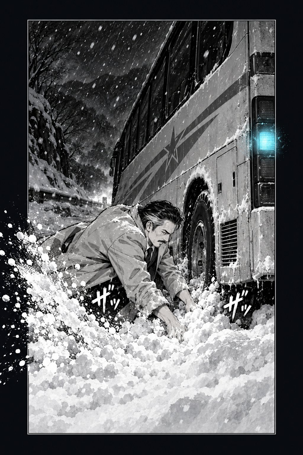 バスの後ろ。らくだ色のコートの男が一人、後ろの車輪のそばの雪の山を、両手で必死に掘り返している。掘り返した雪と墨の飛沫が、左へ飛ぶ。「ザッ」「ザッ」の描き文字。