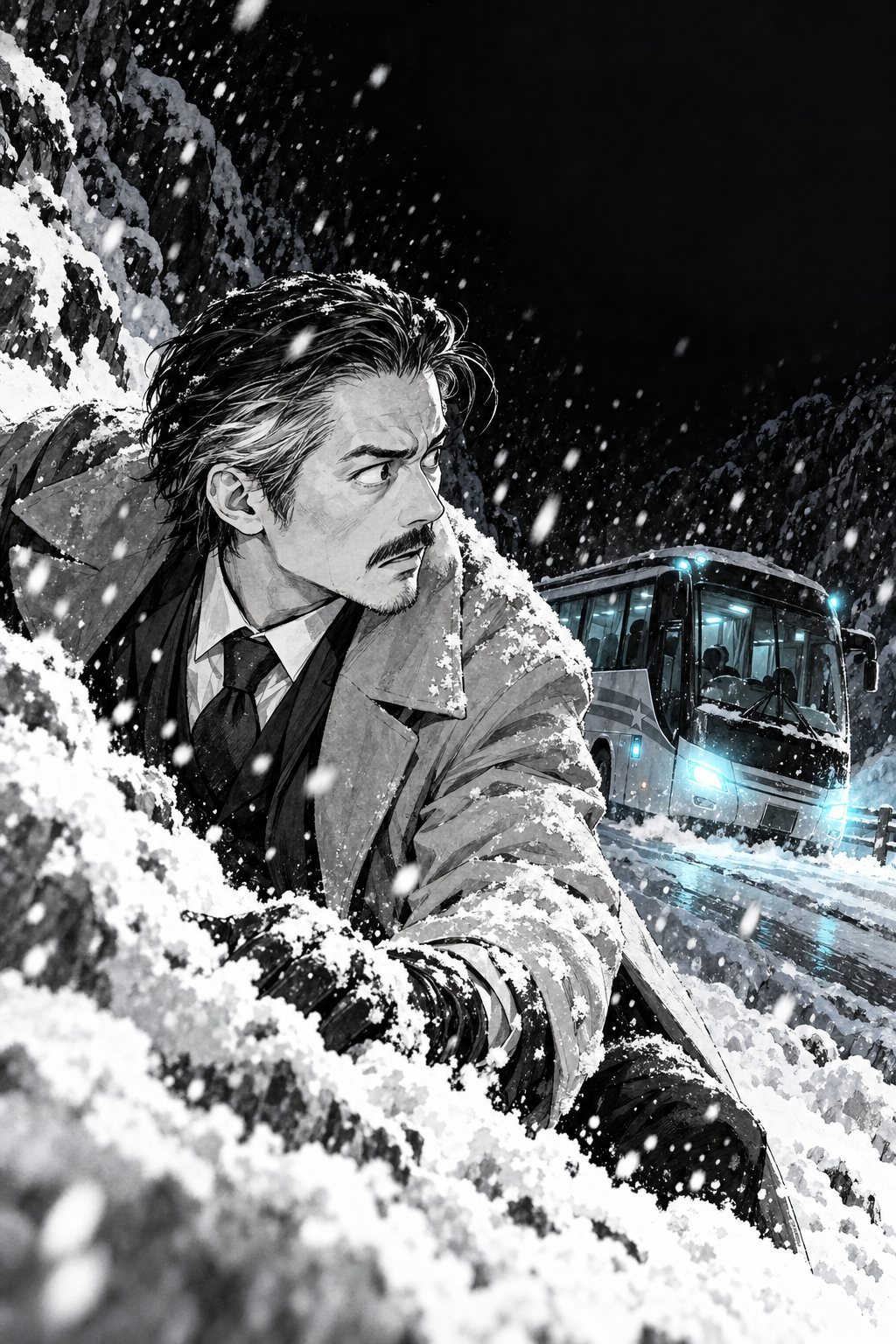雪まみれの手のまま、ぎくりと振り返る宝石商。白髪まじりの撫でつけ髪が乱れている。