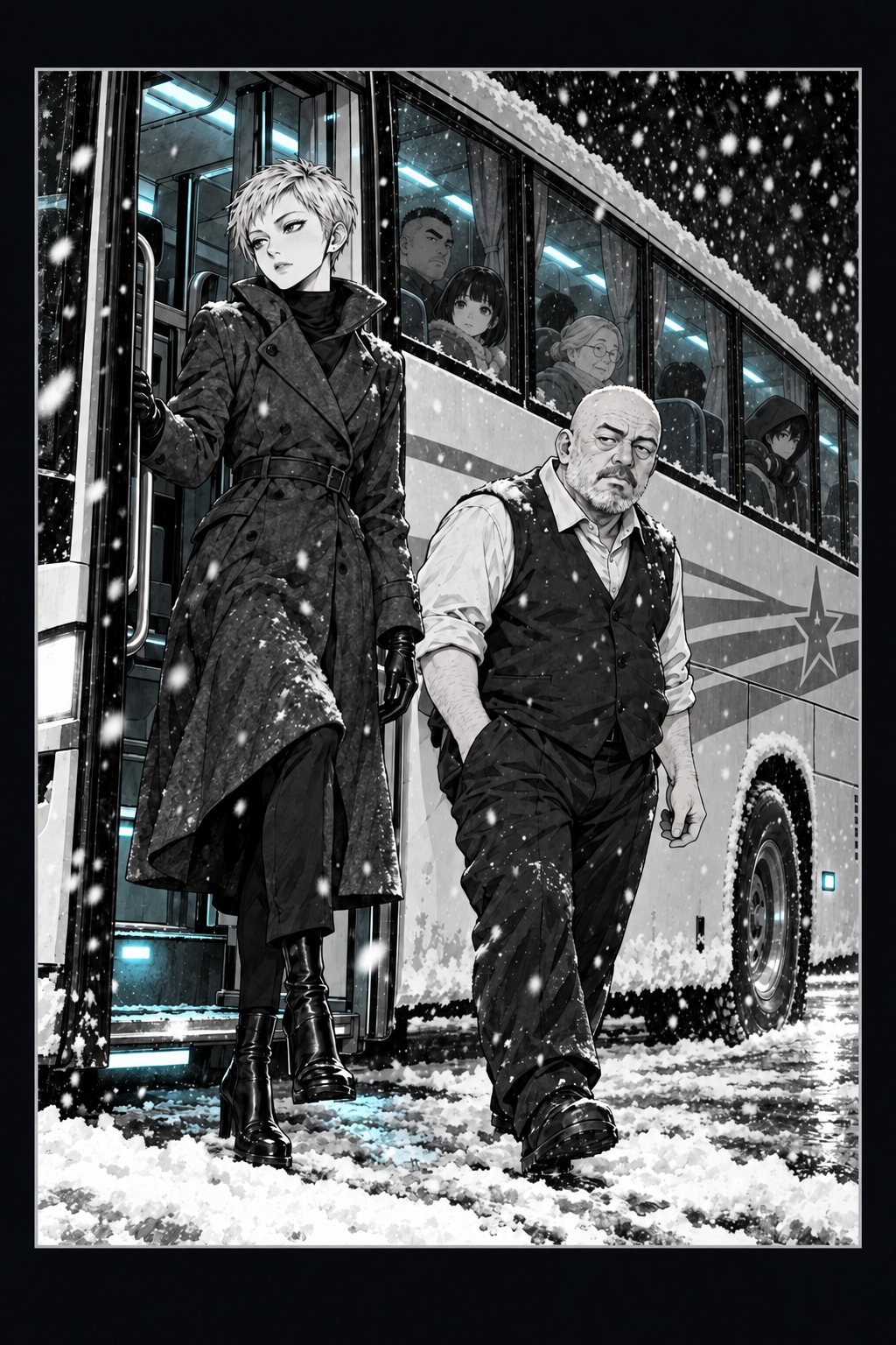 バスの乗り口から、銀の短髪の長身の女と、禿げ頭のずんぐりした運転手が降りてくる。後ろの窓に、乗客たちの顔。