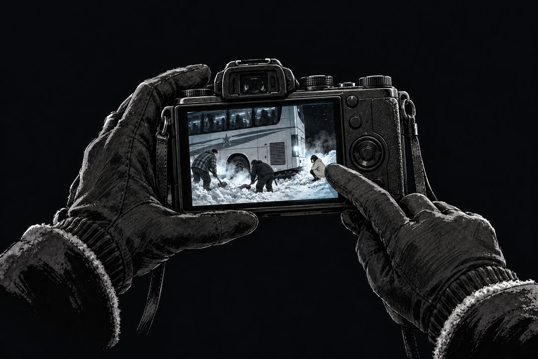 カメラの背面の画面の寄り。雪かきをする人たちの写真が映っている。手袋の指が画面の奥を指す。