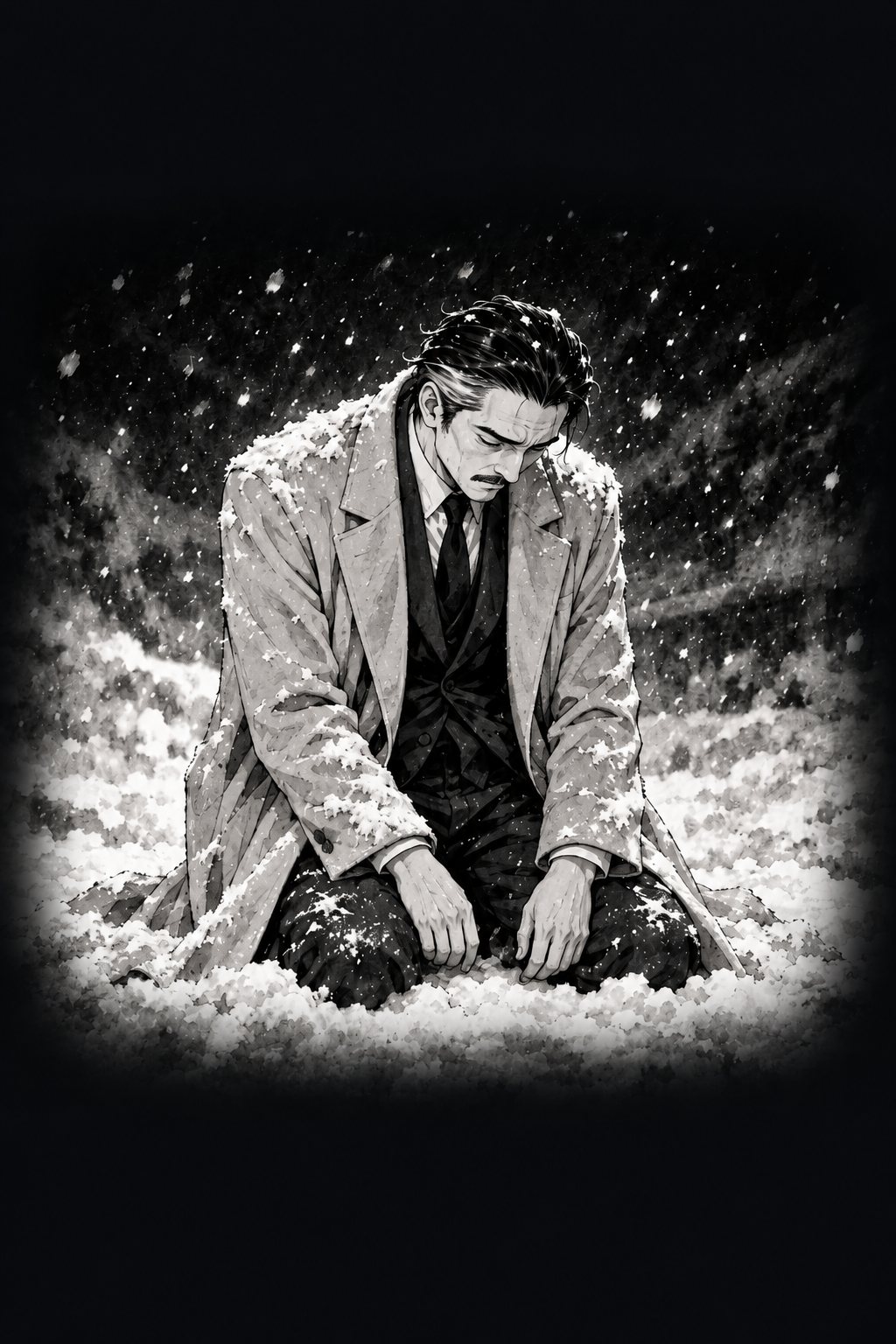 雪の上にひざをつき、うなだれる宝石商。らくだ色のコートの肩に雪。