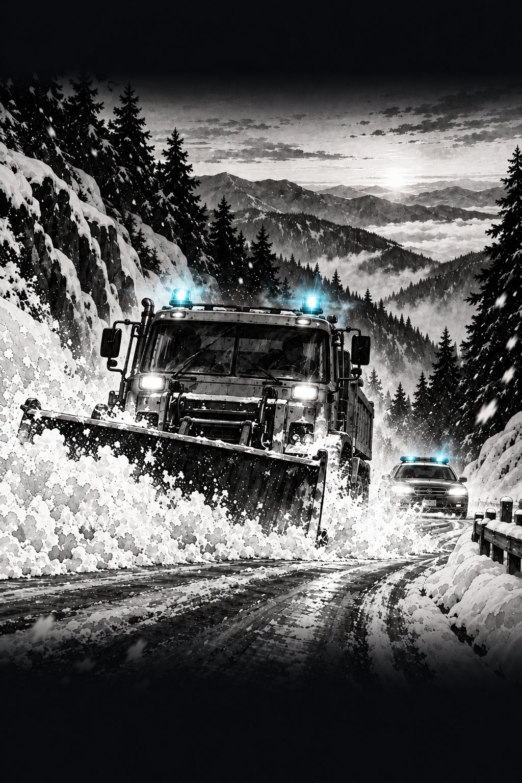 夜明け。峠の下から、回る警告灯をつけた除雪車が雪を押しのけて上がってくる。その後ろに、警告灯を回すパトカー。