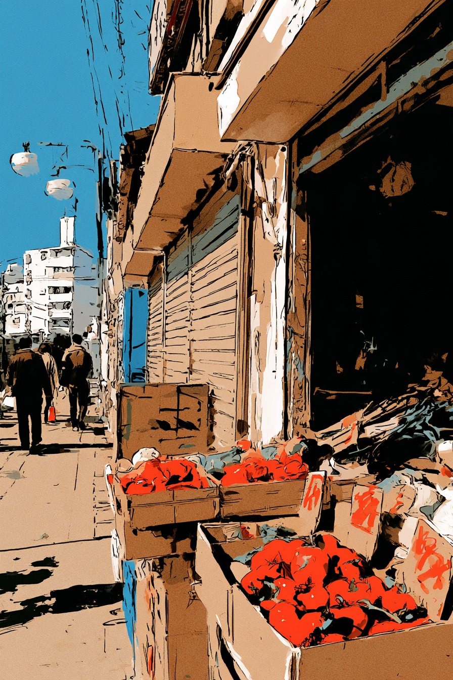 朝の坂の上の古い団地の商店街。シャッターの閉まった店が並ぶ通りの右に、小さな八百屋の店先。段ボールの箱に野菜が並び、手書きの値札が立つ。道を歩く人が何人か。通りの左の奥に、白い大きな建物。